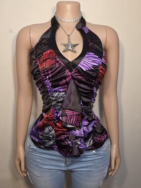 ☆XOXO Black Halter Ruched Camisole with Purple & Red Floral Print☆